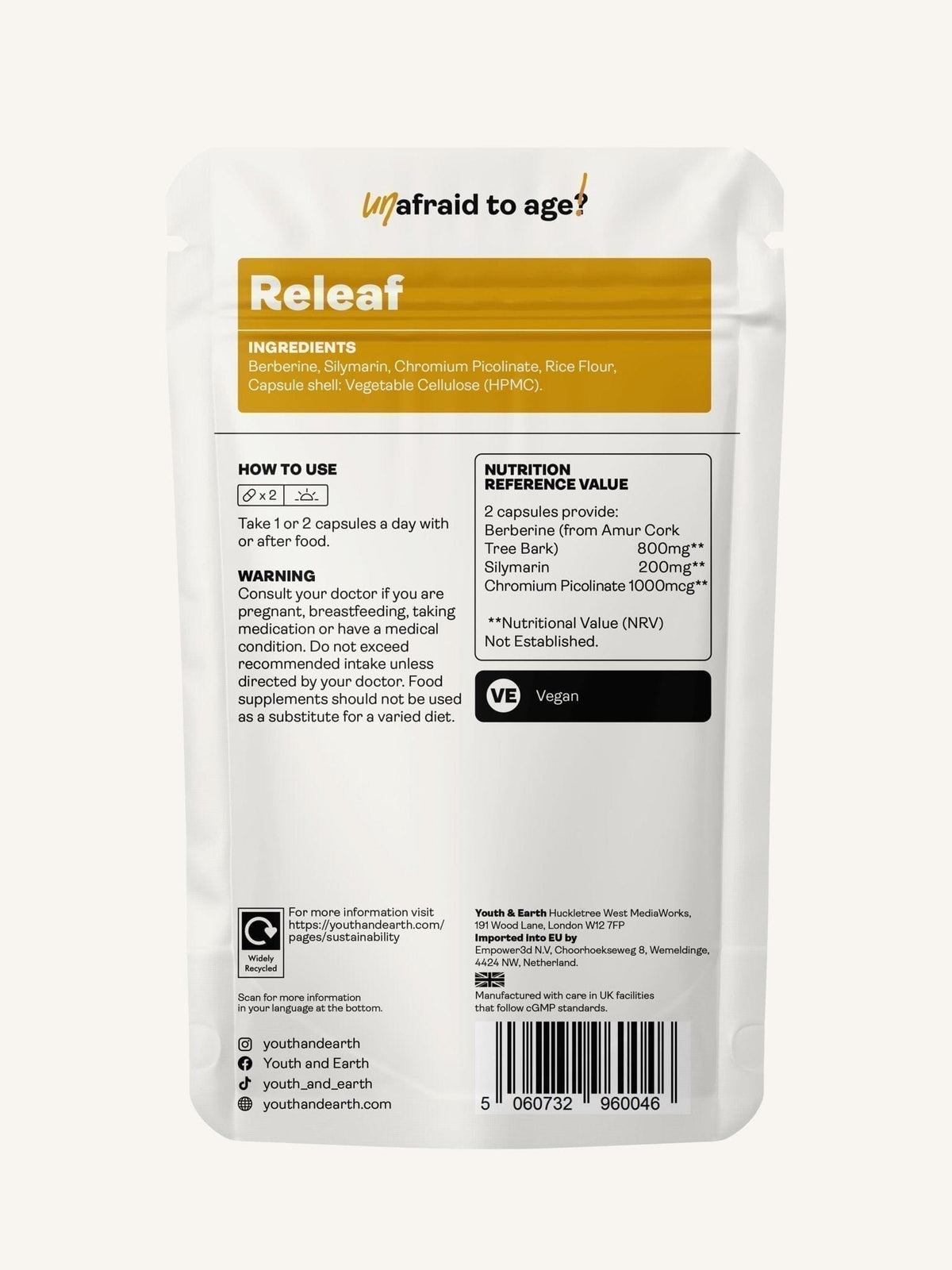 Releaf (Berberine, Silymarin, Chromium Picolinate) 500.5mg, 60 Capsules - Youth & Earth EU Store