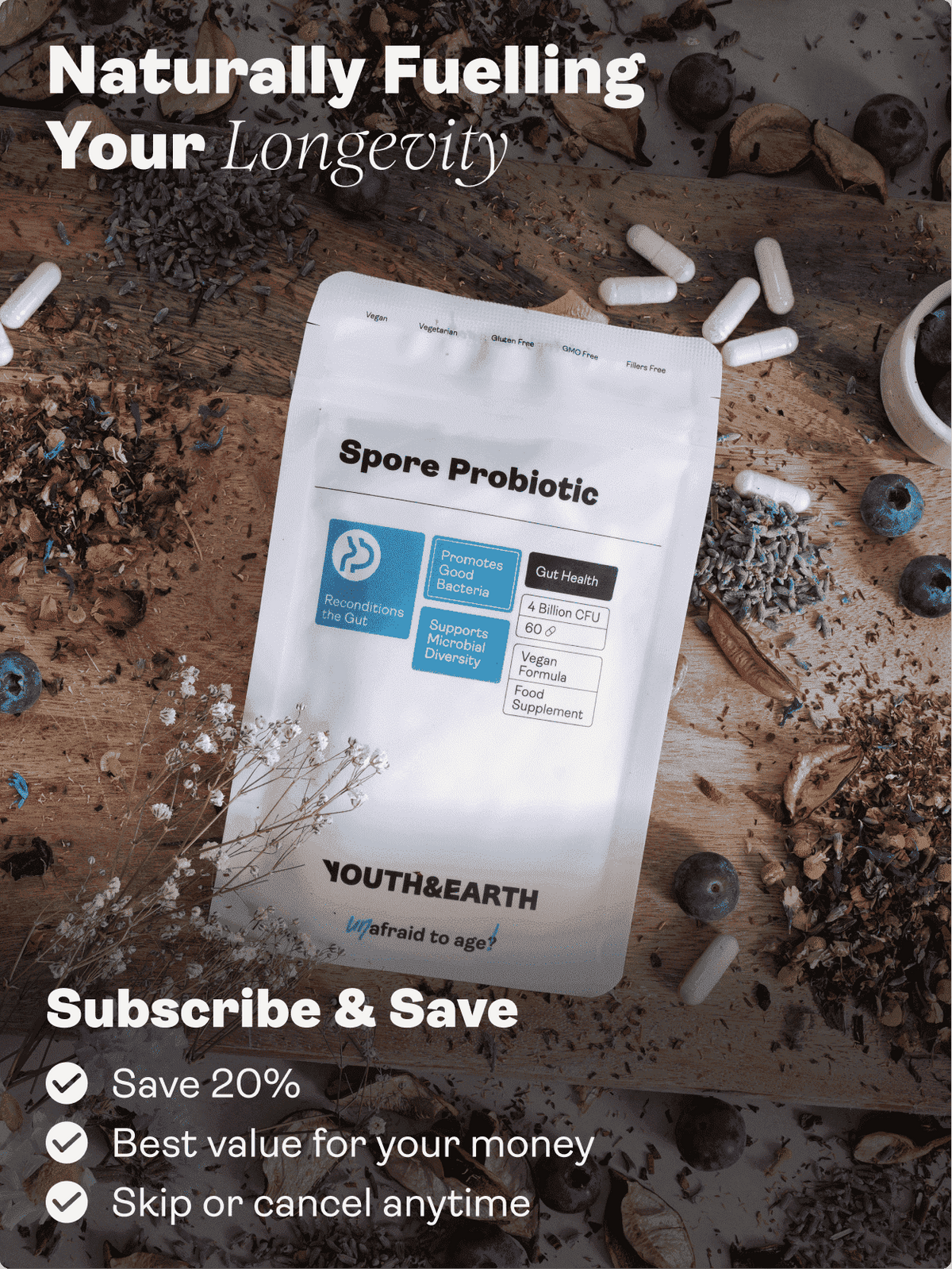 Spore Probiotic (Bacillus Subtilis HU58®, Coagulans SC208 & Clausii SC109) 4 billion CFU count - 60 Capsules - Youth & Earth EU Store