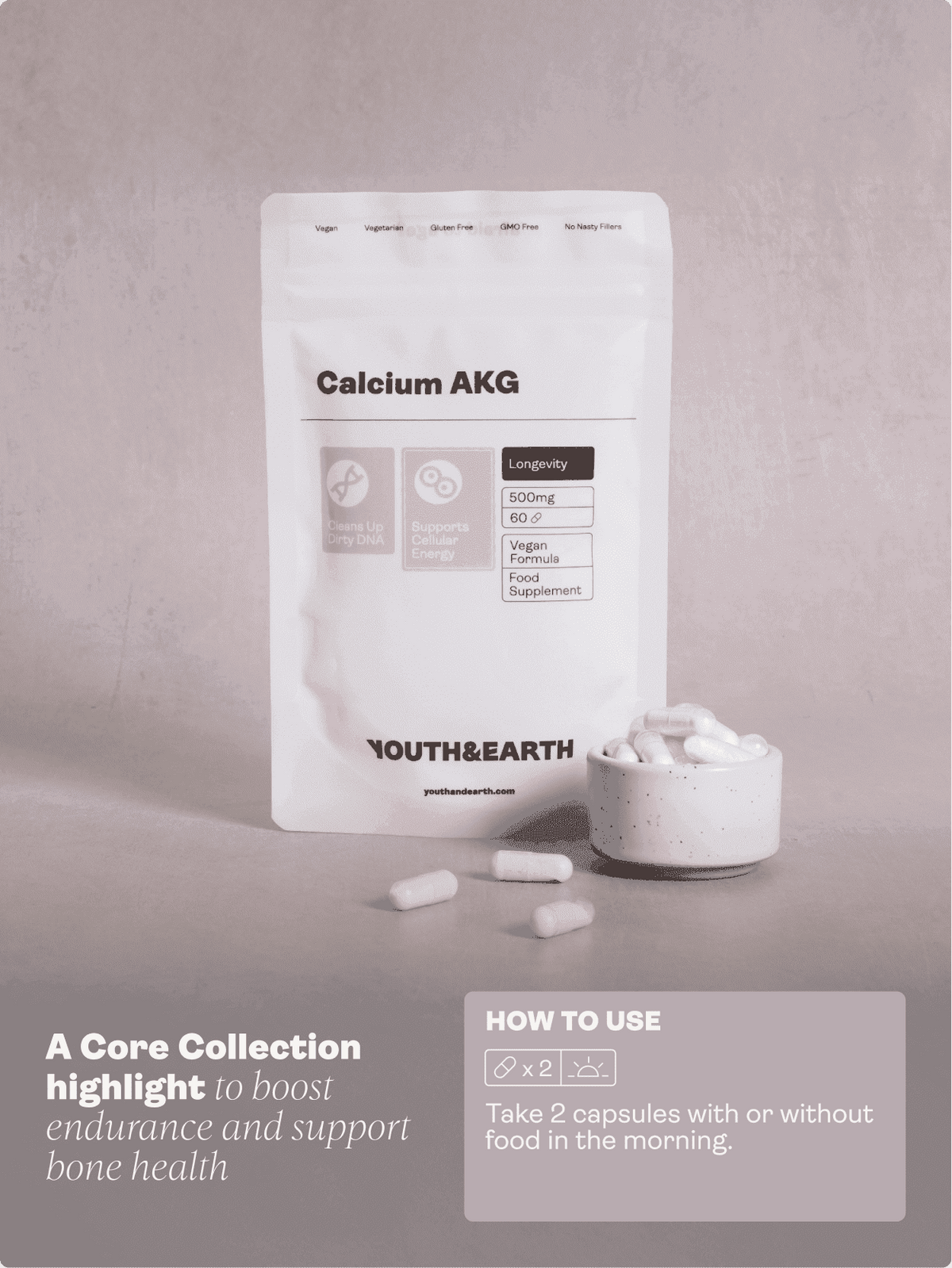 Calcium Alpha Keto-Glutarat (AKG) 500mg x 60 Kapseln – Youth & Earth EU Store