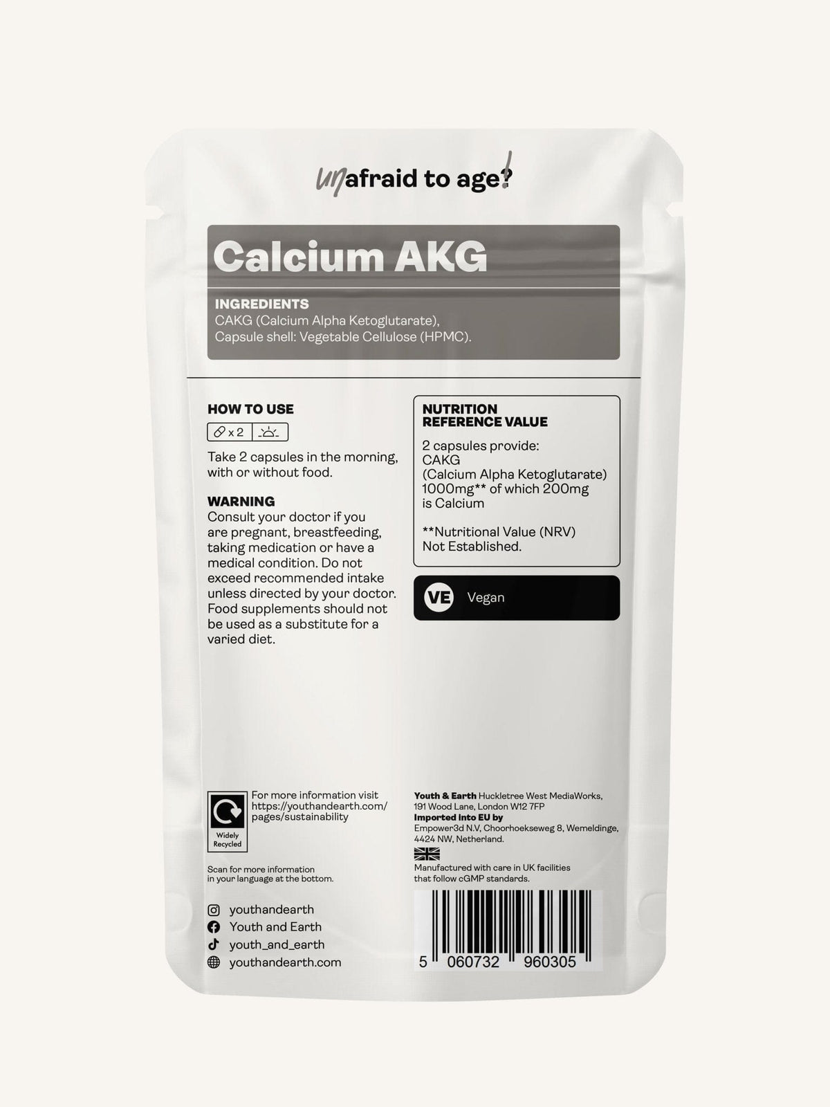Calcium Alpha Keto-Glutarate (AKG) 500mg x 60 Capsules - Youth & Earth EU Store