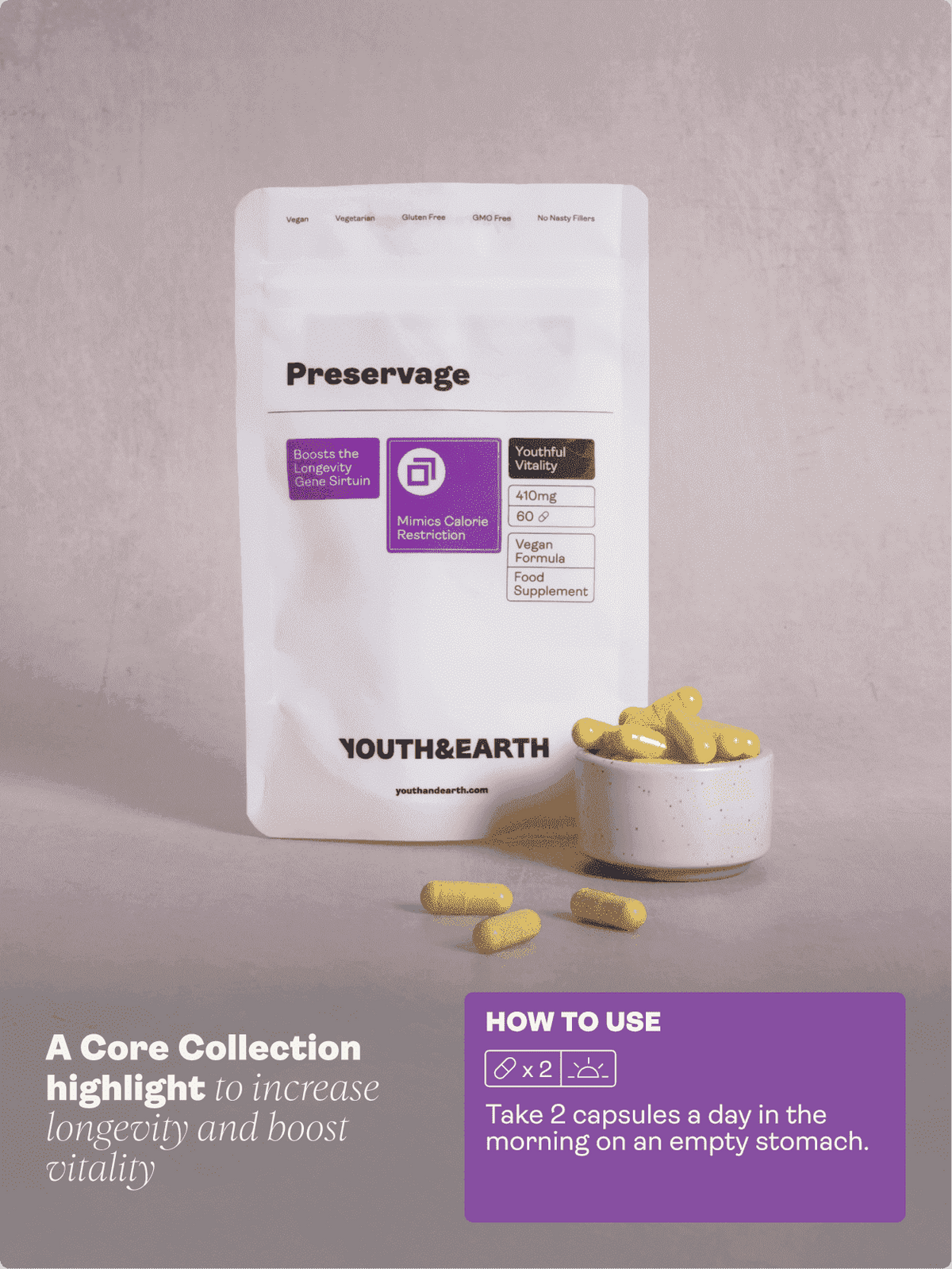 Preservage (Trans-Resveratrol, Curcumine, Quercétine, BioPerine) - 410mg, 60 Capsules - Youth & Earth EU Store