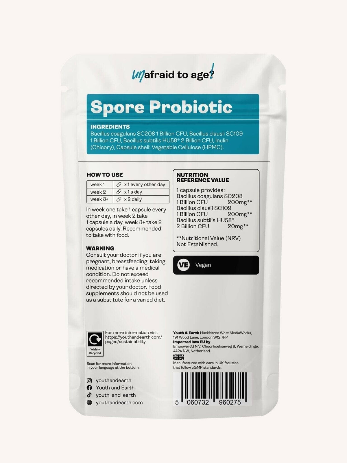 Spore Probiotic (Bacillus Subtilis HU58®, Coagulans SC208 & Clausii SC109) 4 milliards d'UFC - 60 Capsules - Youth & Earth EU Store