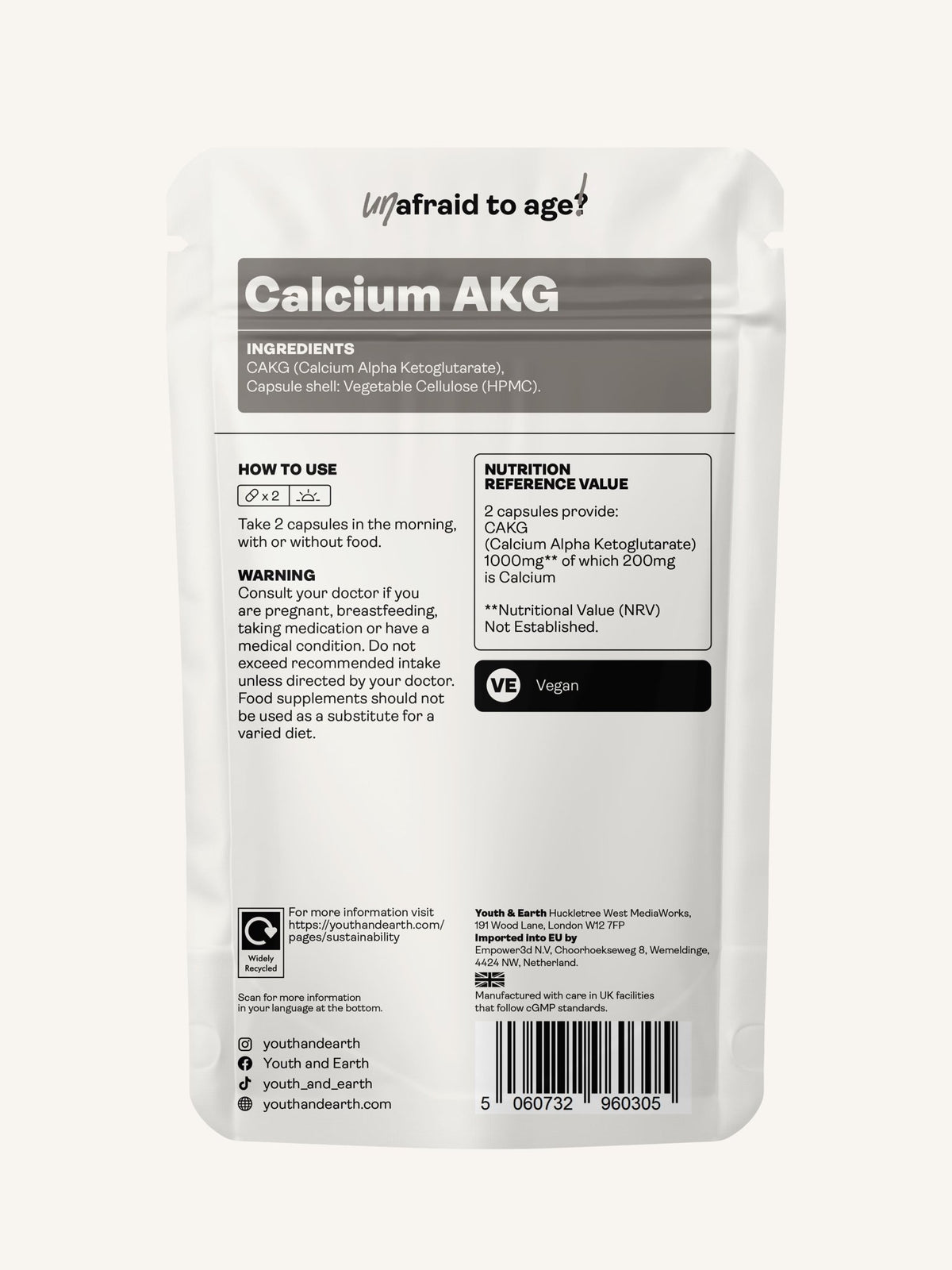 Calcium Alpha Keto-Glutarate (CALCIUM AKG) – 500mg x 60 Capsules - Youth &amp; Earth EU Store