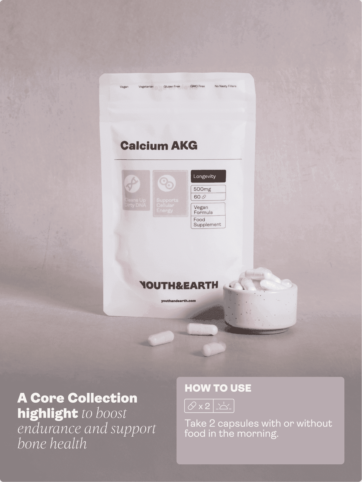 Calcium Alpha Keto-Glutarate (AKG) 500mg x 60 Capsules - Youth & Earth EU Store