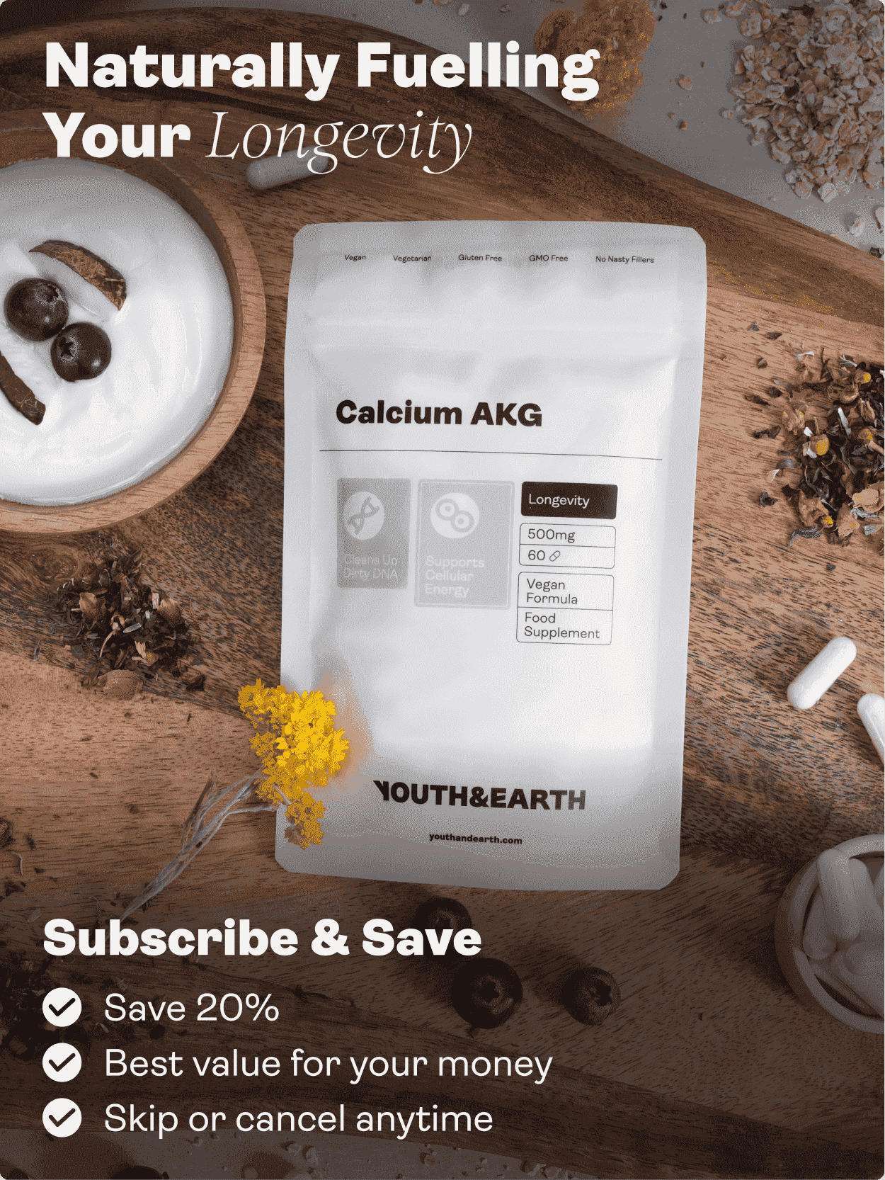 Calcium Alpha Keto-Glutarate (AKG) 500mg x 60 Capsules - Youth & Earth EU Store