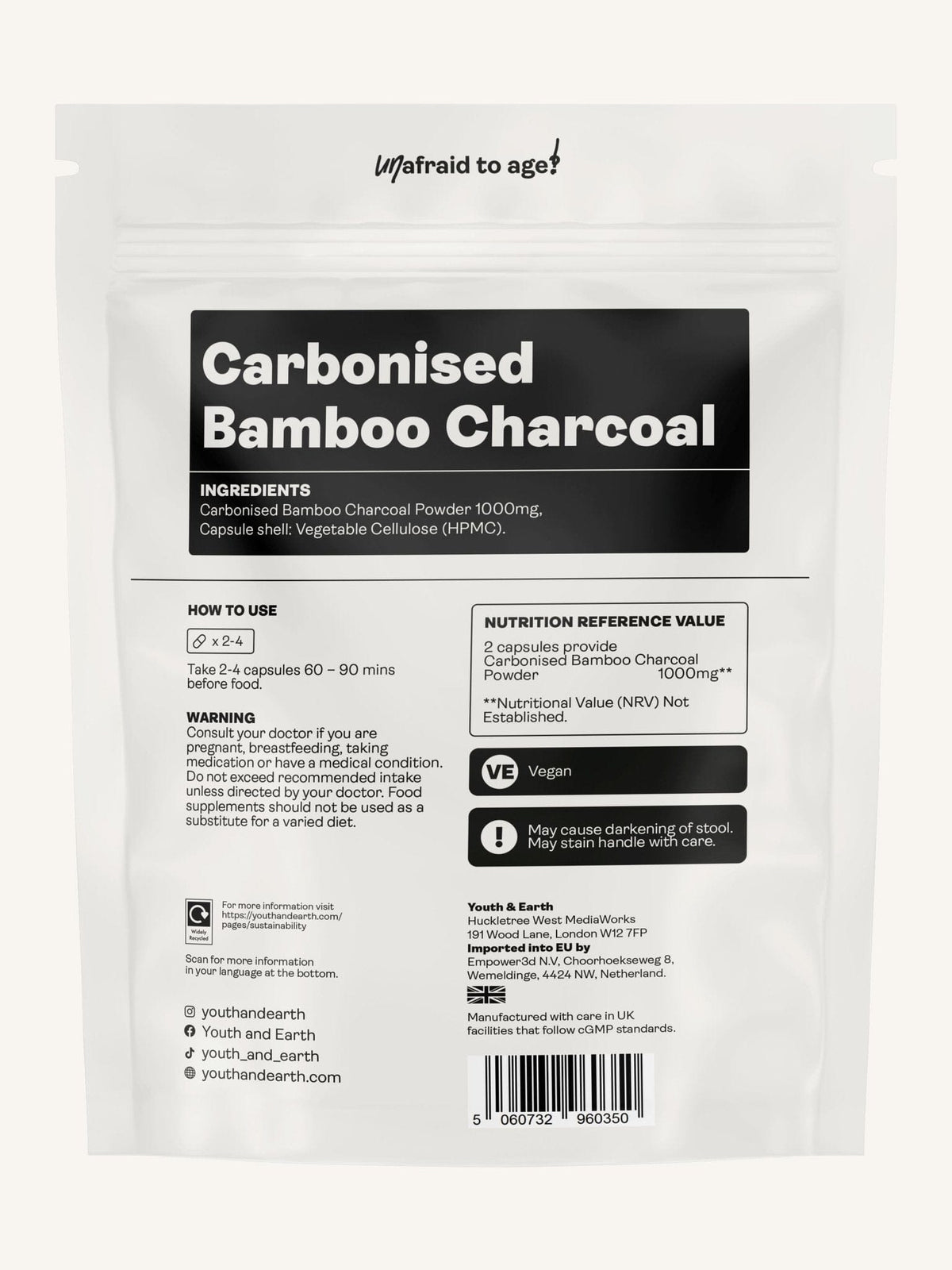 Carbonised Bamboo Charcoal – 500mg x 120 Capsules - Youth &amp; Earth EU Store