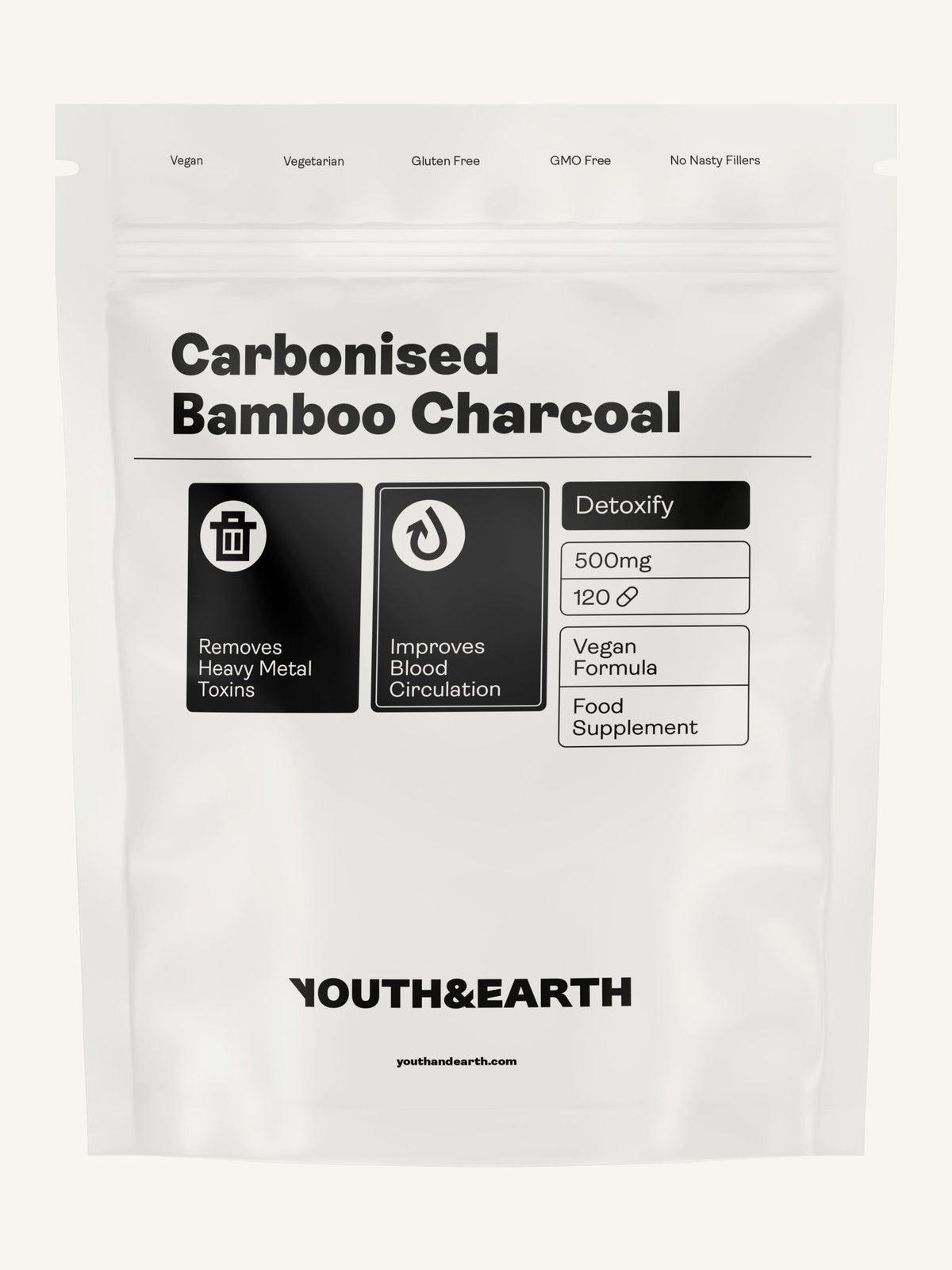 Carbonised Bamboo Charcoal – 500mg x 120 Capsules - Youth &amp; Earth EU Store