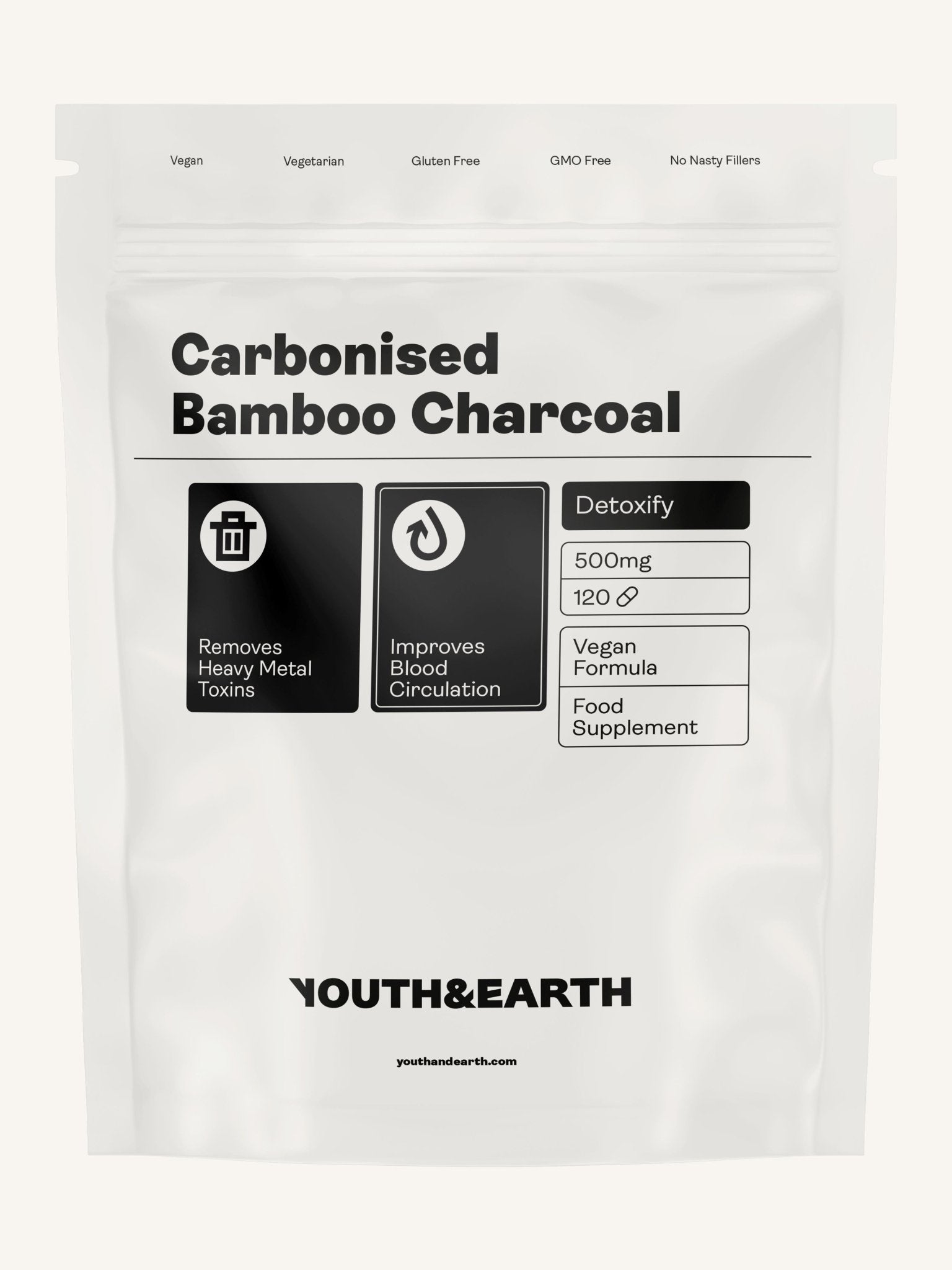 Carbonised Bamboo Charcoal – 500mg x 120 Capsules - Youth & Earth EU Store