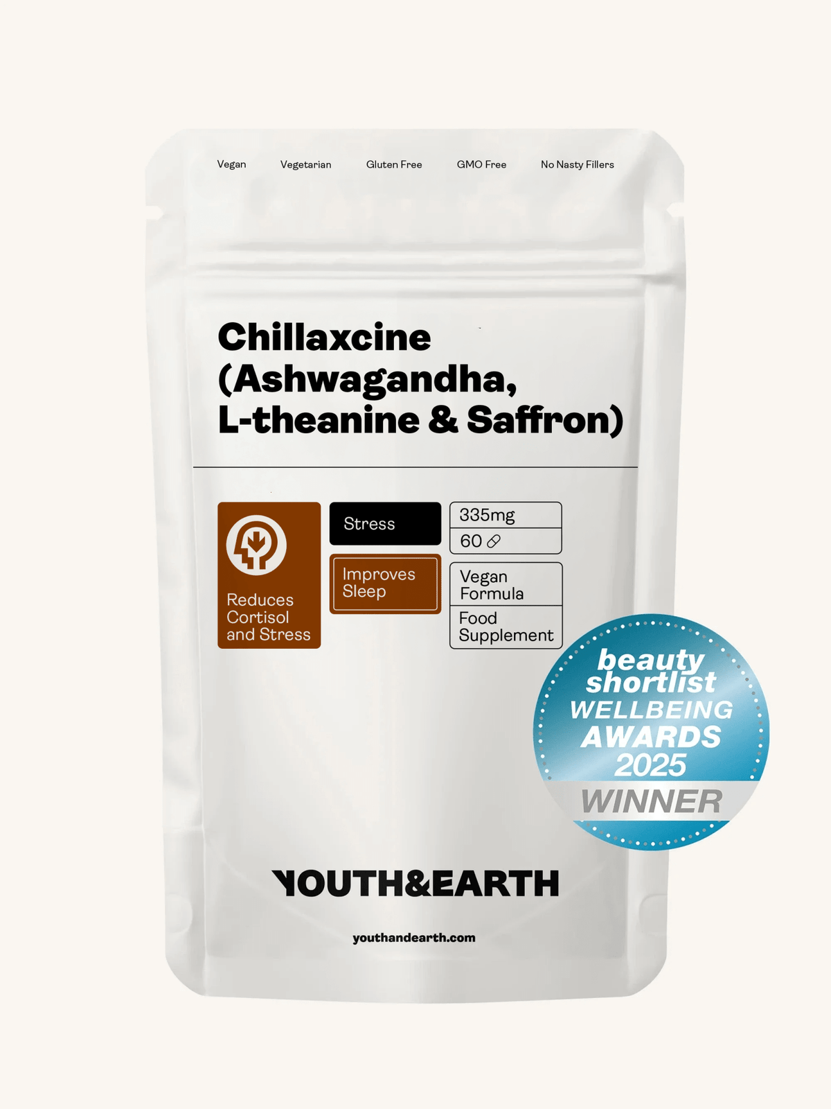 CHILLAXCINE (Ashwagandha, L-Theanin & Safran) 335 mg, 60 Kapseln – Youth & Earth Store