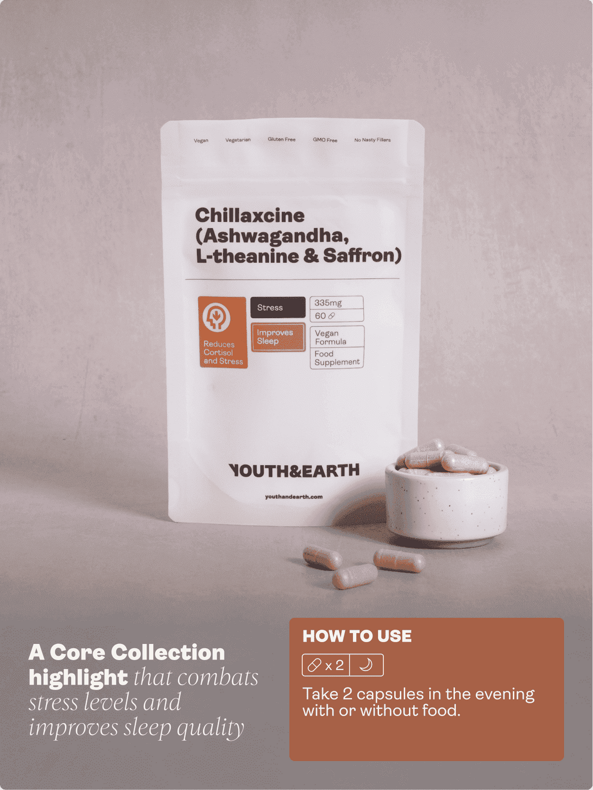 CHILLAXCINE (Ashwagandha, L - theanine &amp; Saffron) 335mg x 60 Capsules - Youth &amp; Earth EU Store