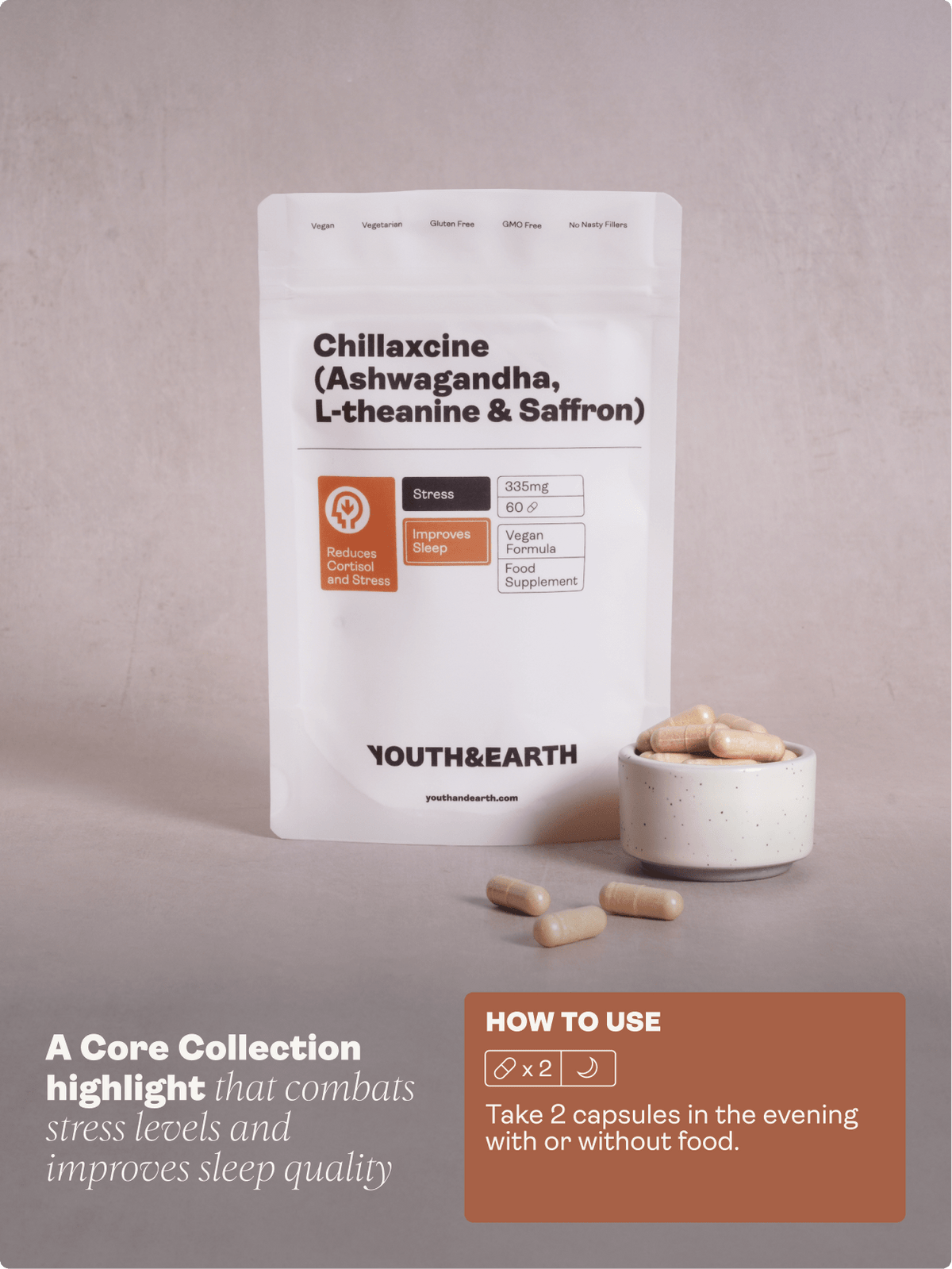 CHILLAXCINE (Ashwagandha, L - theanine &amp; Saffron) – 335mg x 60 Capsules - Youth &amp; Earth EU Store