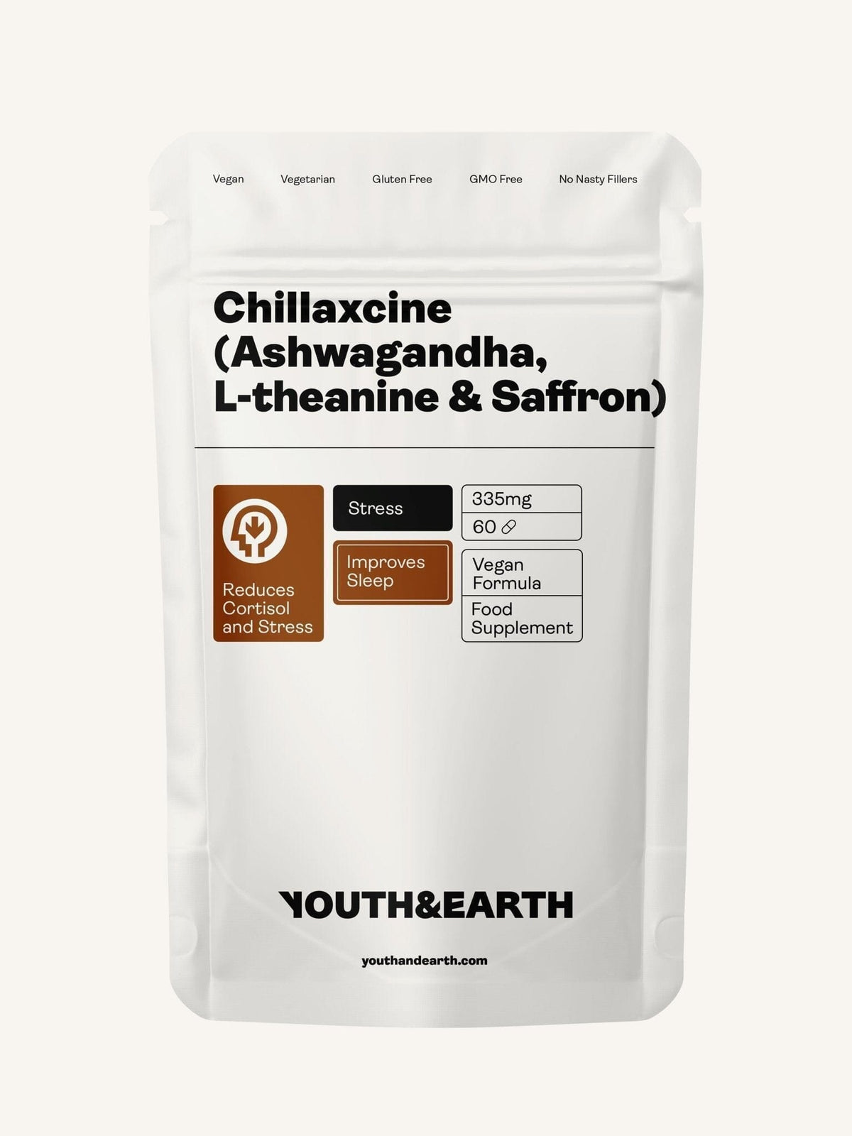 CHILLAXCINE (Ashwagandha, L - theanine &amp; Saffron) 335mg x 60 Capsules - Youth &amp; Earth EU Store