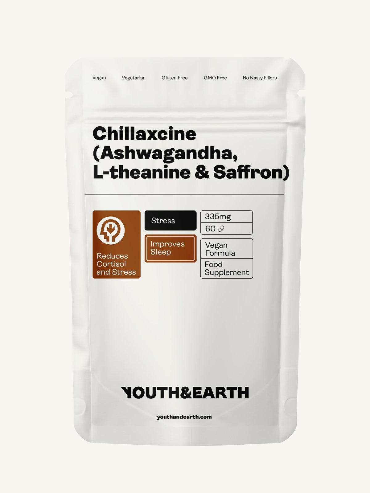 CHILLAXCINE (Ashwagandha, L-theanine &amp; Saffron) – 335mg x 60 Capsules - Youth &amp; Earth EU Store