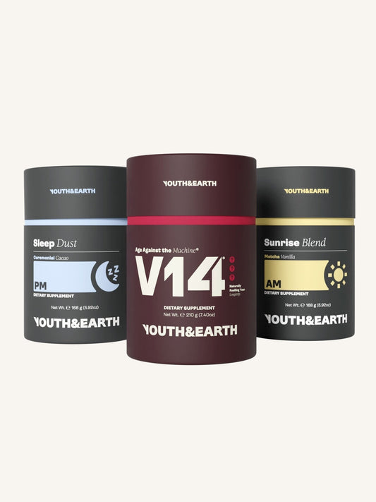 Pacote de sistema completo (AM: Mistura do nascer do sol + PM: Pó do sono + V14 Longevity Reds) - Youth & Earth EU Store