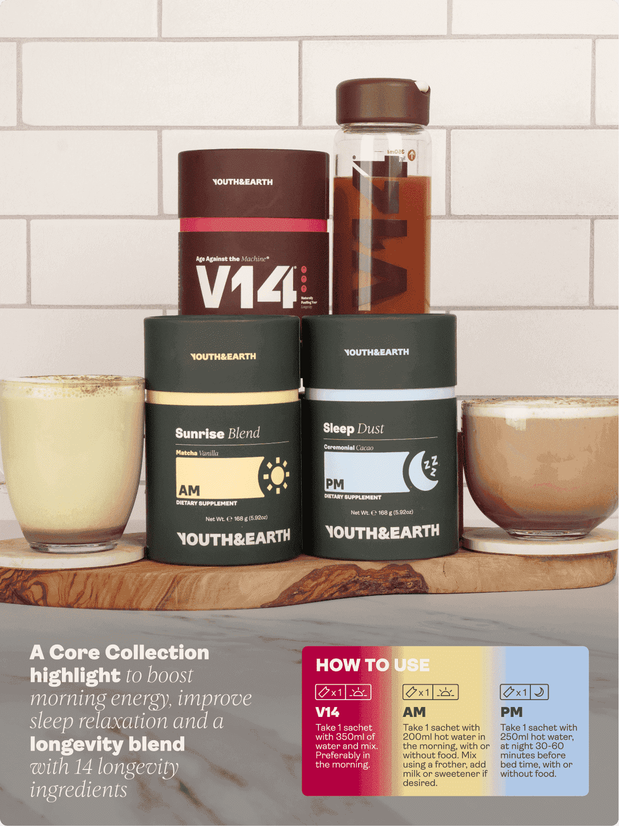 Pacote de sistema completo (AM: Mistura do nascer do sol + PM: Pó do sono + V14 Longevity Reds) - Youth & Earth EU Store