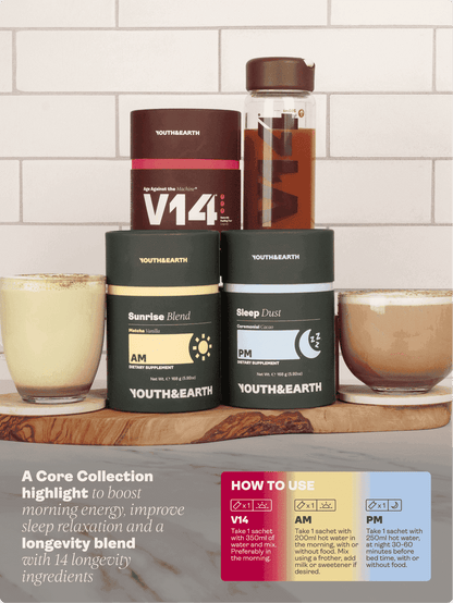 Pacote de sistema completo (AM: Mistura do nascer do sol + PM: Pó do sono + V14 Longevity Reds) - Youth & Earth EU Store