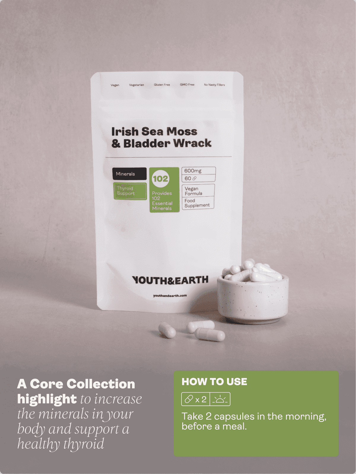 Irish Sea Moss &amp; Bladder Wrack – 600mg x 60 Capsules - Youth &amp; Earth EU Store