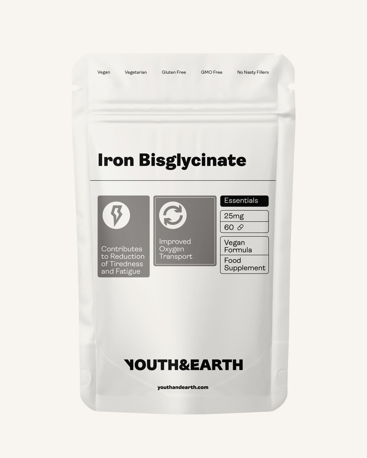 Iron Bisglycinate 25mg x 60 Capsules - Youth &amp; Earth EU Store