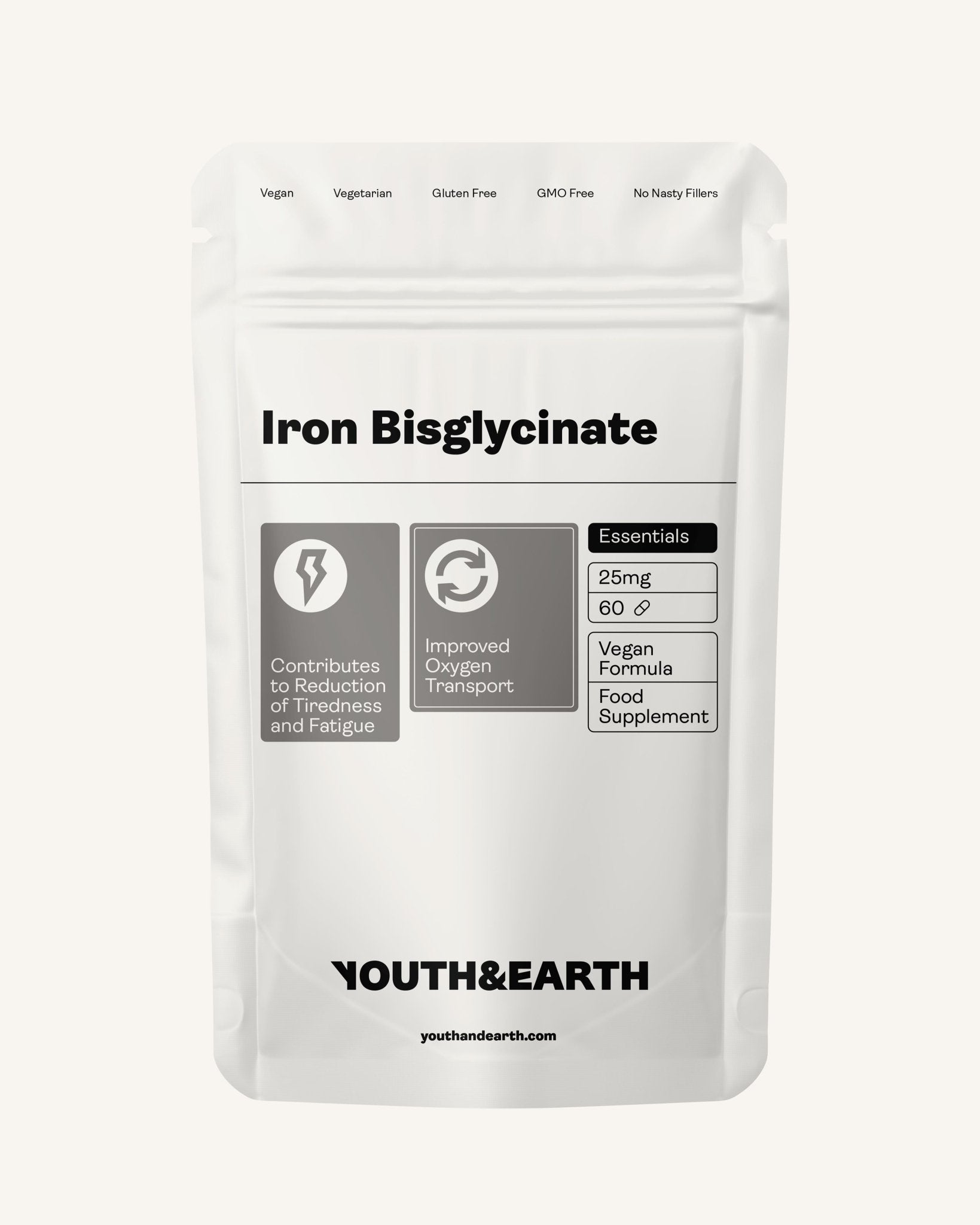 Iron Bisglycinate 25mg x 60 Capsules - Youth & Earth EU Store
