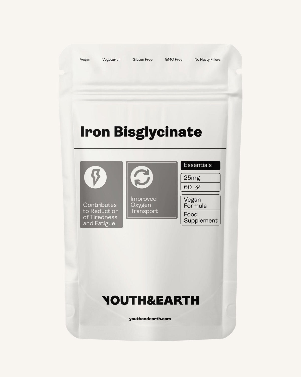 Iron Bisglycinate 25mg x 60 Capsules Youth &amp; Earth EU Store 