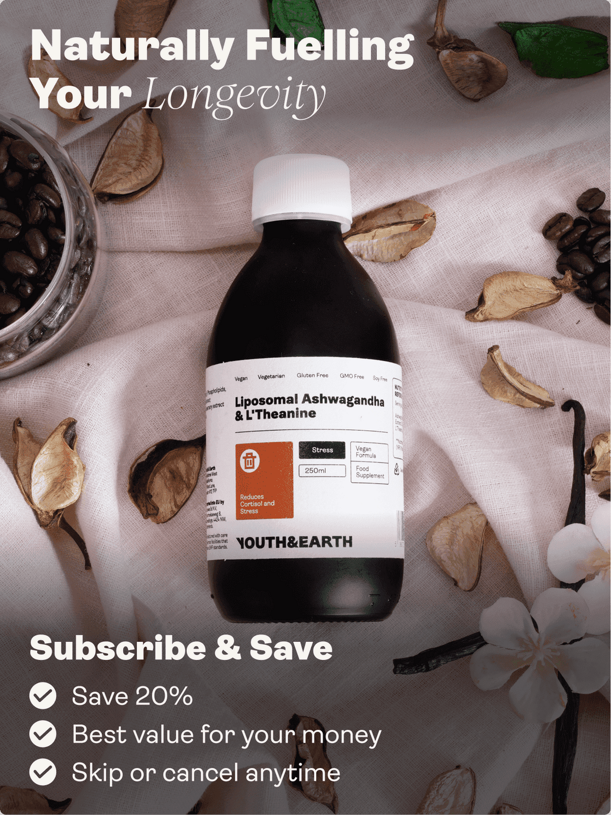 Liposomal Ashwagandha 200mg &amp; L&#39;Theanine 200mg – Coffee &amp; Vanilla Flavour 250ml - Youth &amp; Earth EU Store