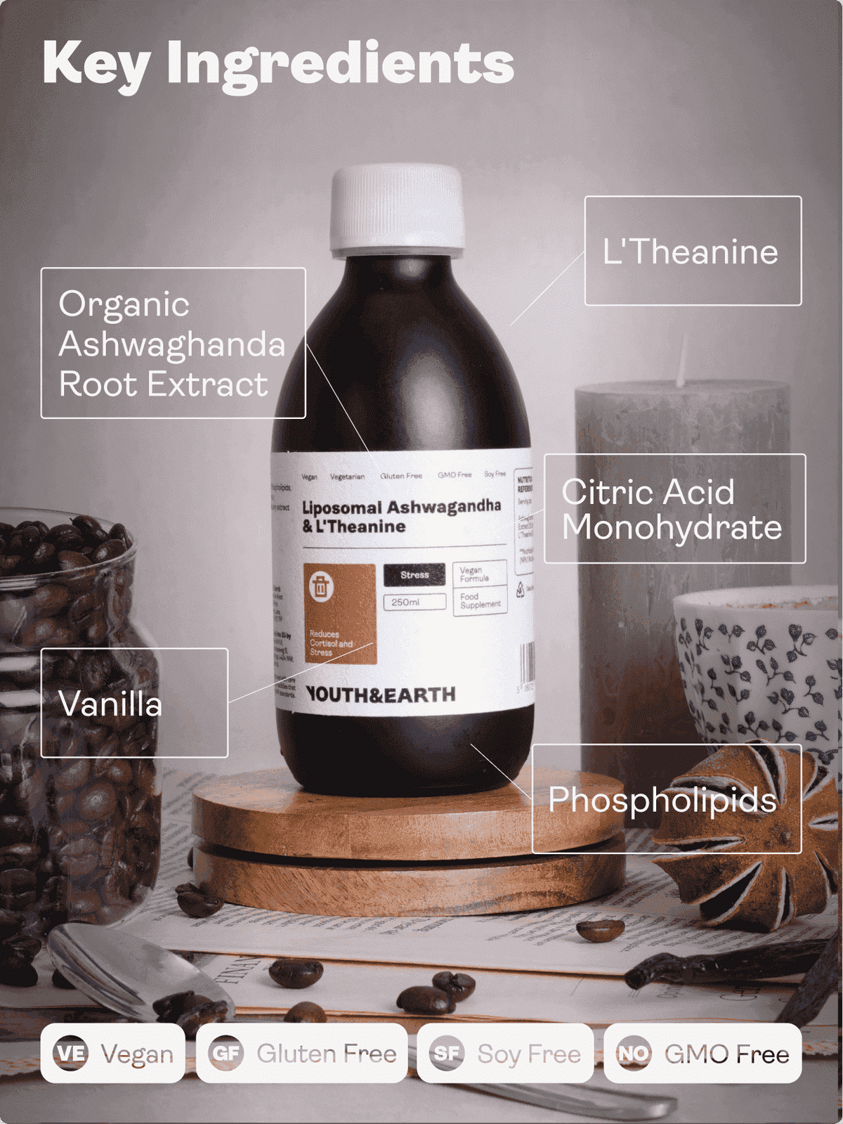 Liposomal Ashwagandha &amp; L - Theanine 200mg (Coffee &amp; Vanilla Flavour 250ml) - Youth &amp; Earth EU Store