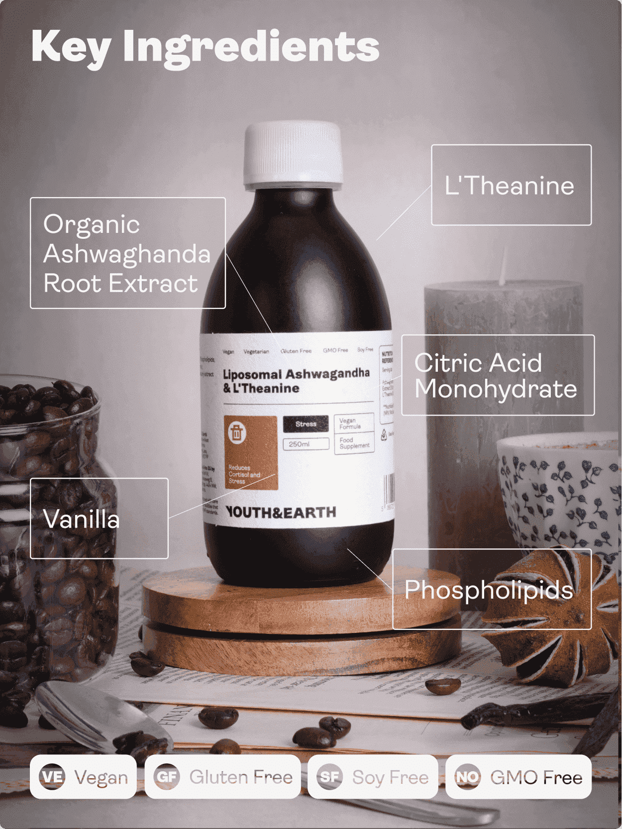Liposomal Ashwagandha 200mg & L'Theanine 200mg – Coffee & Vanilla Flavour, 250ml - Youth & Earth EU Store