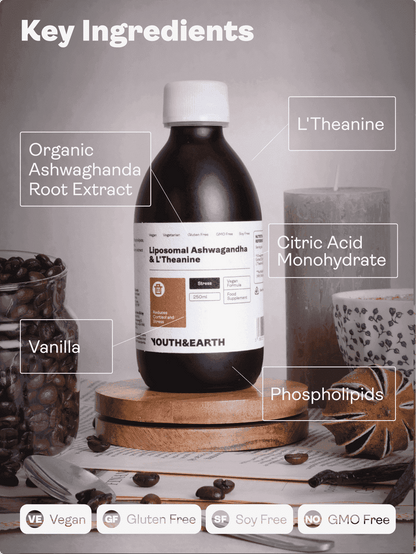 Liposomal Ashwagandha 200mg & L'Theanine 200mg – Coffee & Vanilla Flavour, 250ml - Youth & Earth EU Store