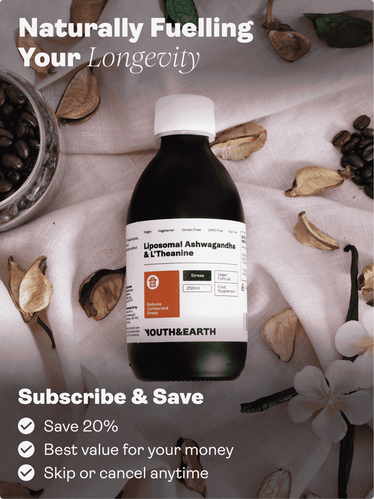 Liposomal Ashwagandha 200mg & L'Theanine 200mg – Coffee & Vanilla Flavour, 250ml - Youth & Earth EU Store