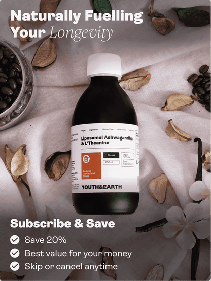 Liposomal Ashwagandha 200mg & L'Theanine 200mg – Coffee & Vanilla Flavour, 250ml - Youth & Earth EU Store