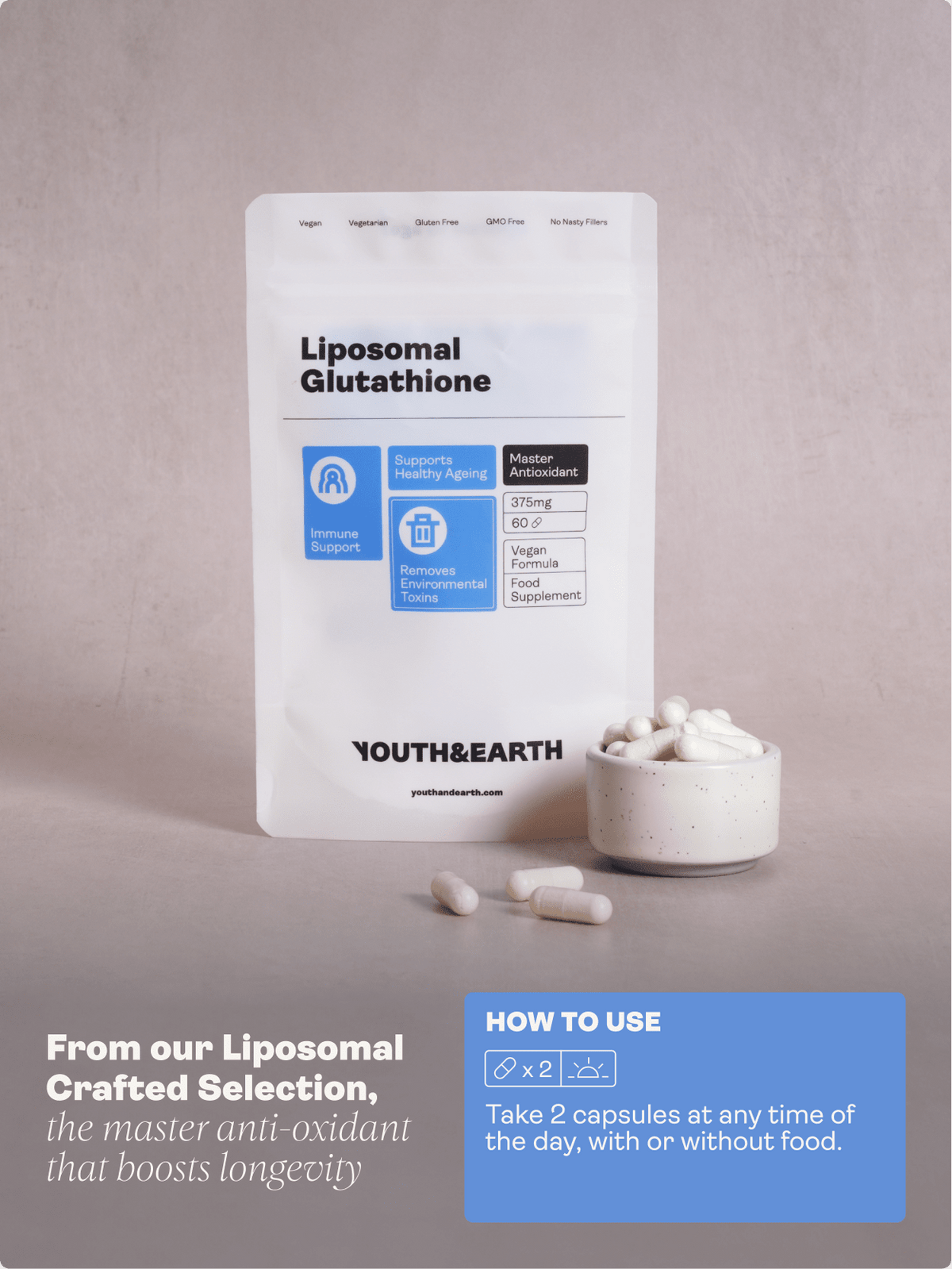 Liposomal Glutathione – 375mg x 60 Capsules Skin &amp; Hair Youth &amp; Earth EU Store 