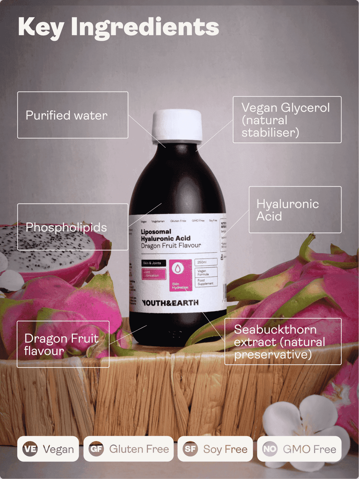 Liposomal Hyaluronic Acid 100mg – Dragon Fruit Flavour 250ml - Youth &amp; Earth EU Store