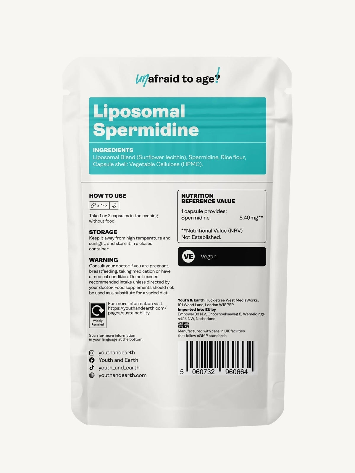 Liposomal Spermidine 5.49mg x 60 Capsules - Youth &amp; Earth EU Store