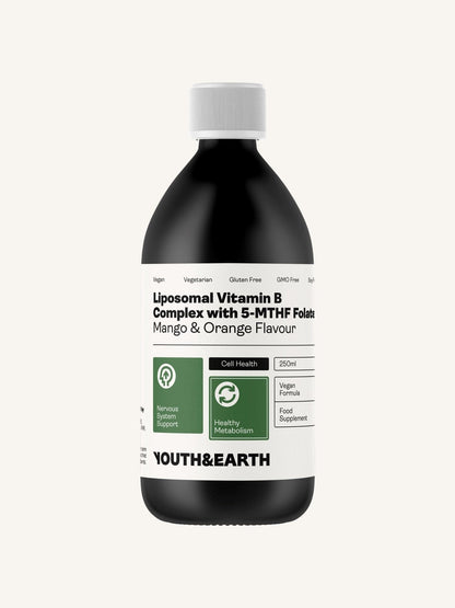Complexo Lipossómico de Vitamina B com Folato 5-MTHF (Sabor a Manga e Laranja, 250ml) - Youth & Earth EU Store