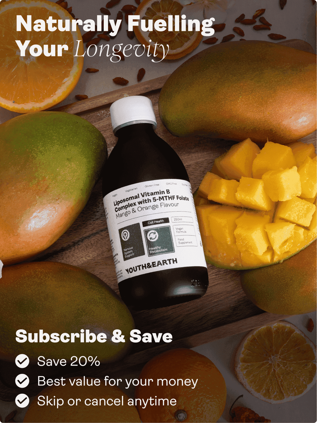 Complexo Lipossómico de Vitamina B com Folato 5-MTHF (Sabor a Manga e Laranja, 250ml) - Youth & Earth EU Store