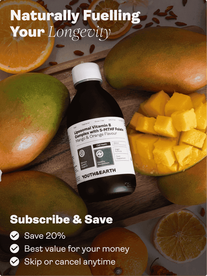 Complexo Lipossómico de Vitamina B com Folato 5-MTHF (Sabor a Manga e Laranja, 250ml) - Youth & Earth EU Store