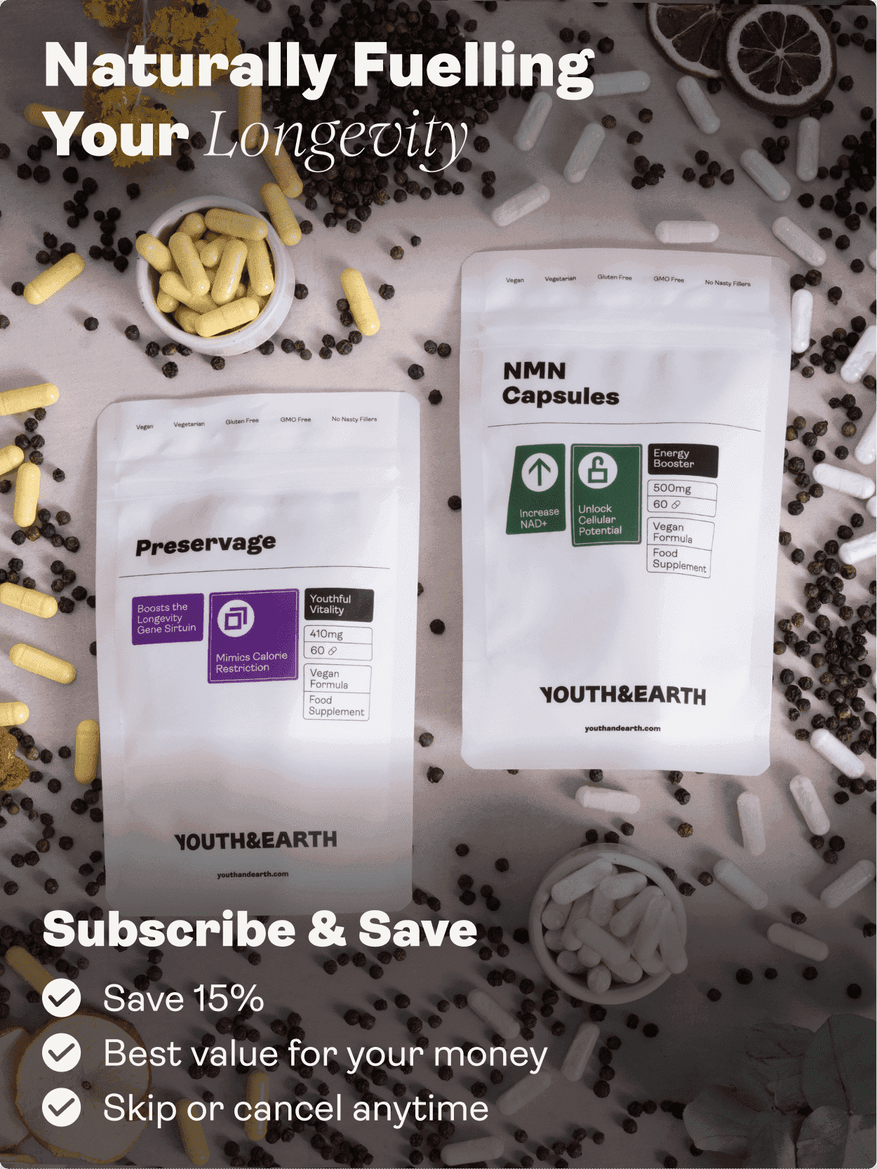 Longevity Support Bundle (NMN & Preservage / NMN & Liposomal Resveratrol) - Youth & Earth EU Store