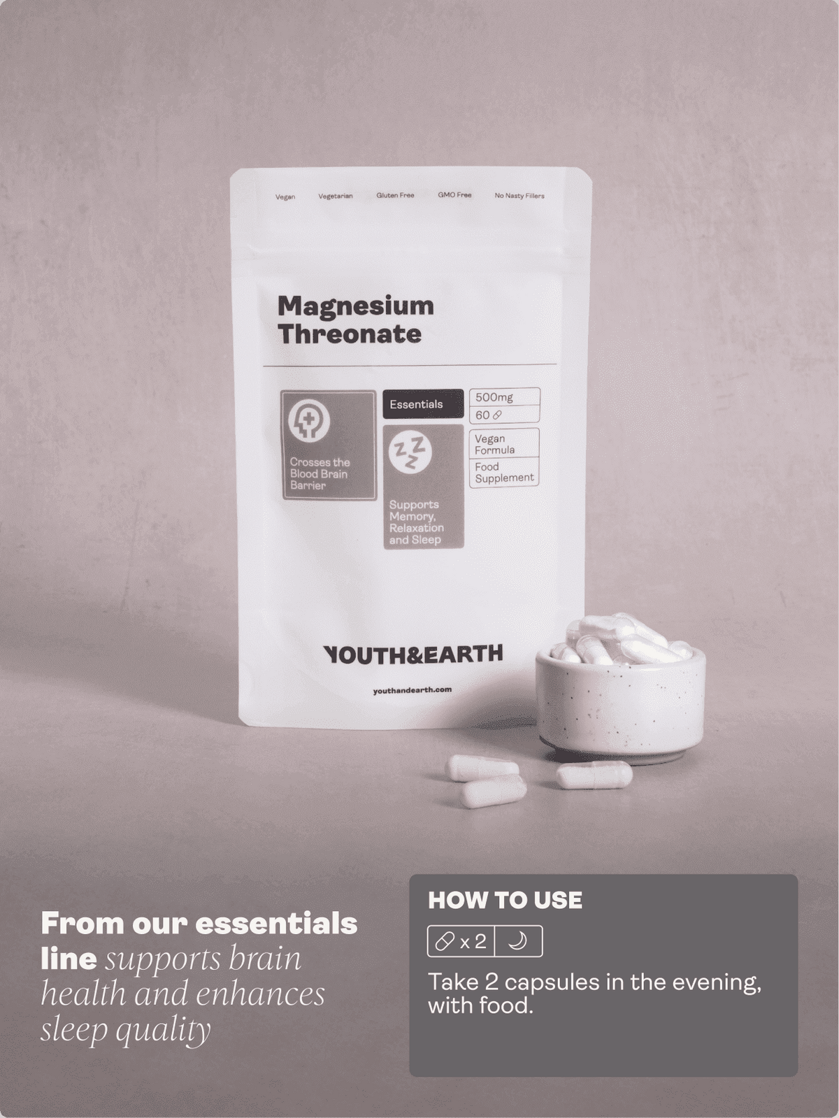 Magnesium Threonate 500mg x 60 Capsules - Youth &amp; Earth EU Store