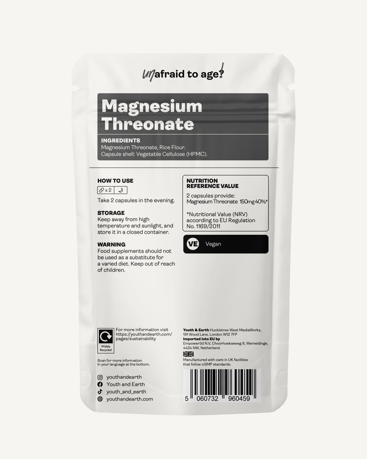 Magnesium Threonate 500mg x 60 Capsules - Youth &amp; Earth EU Store