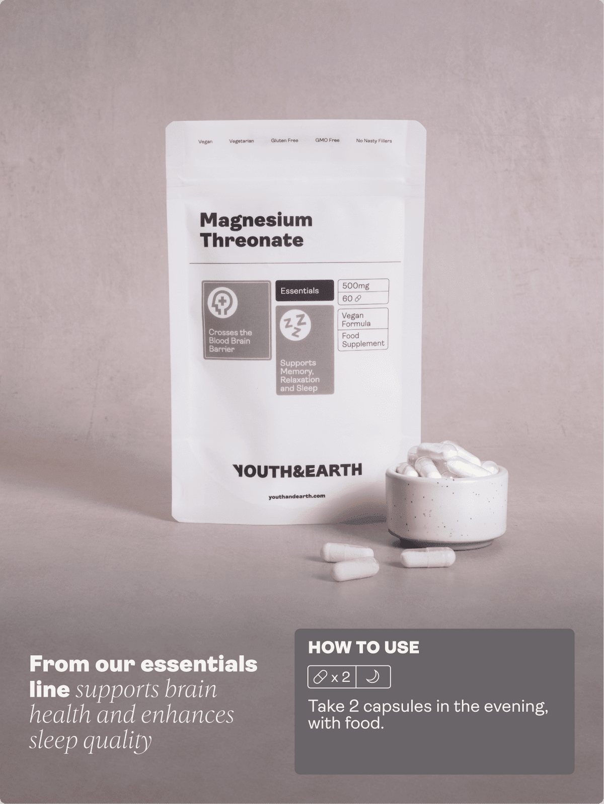 Magnesium Threonate 500mg x 60 Capsules - Youth &amp; Earth EU Store