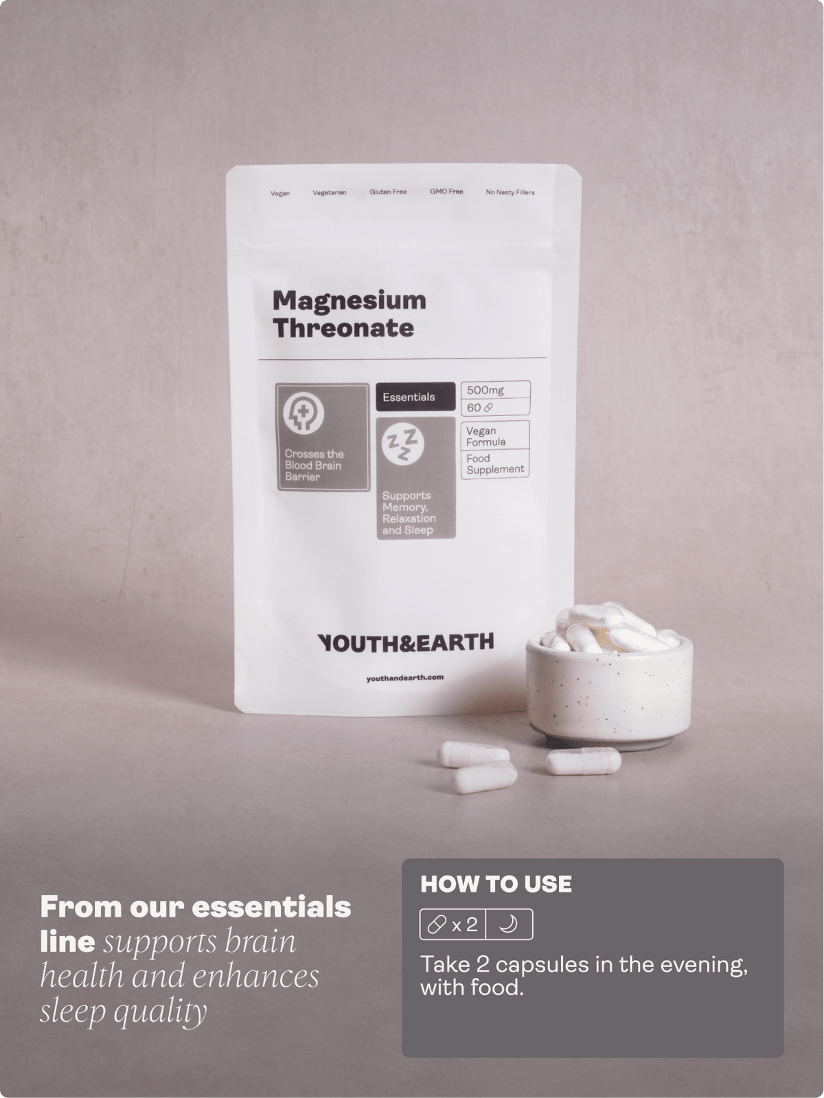 Magnesium Threonate 500mg x 60 Capsules Youth &amp; Earth EU Store 