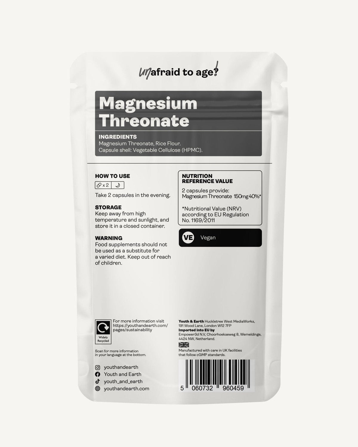 Magnesium Threonate 500mg x 60 Capsules Youth &amp; Earth EU Store 