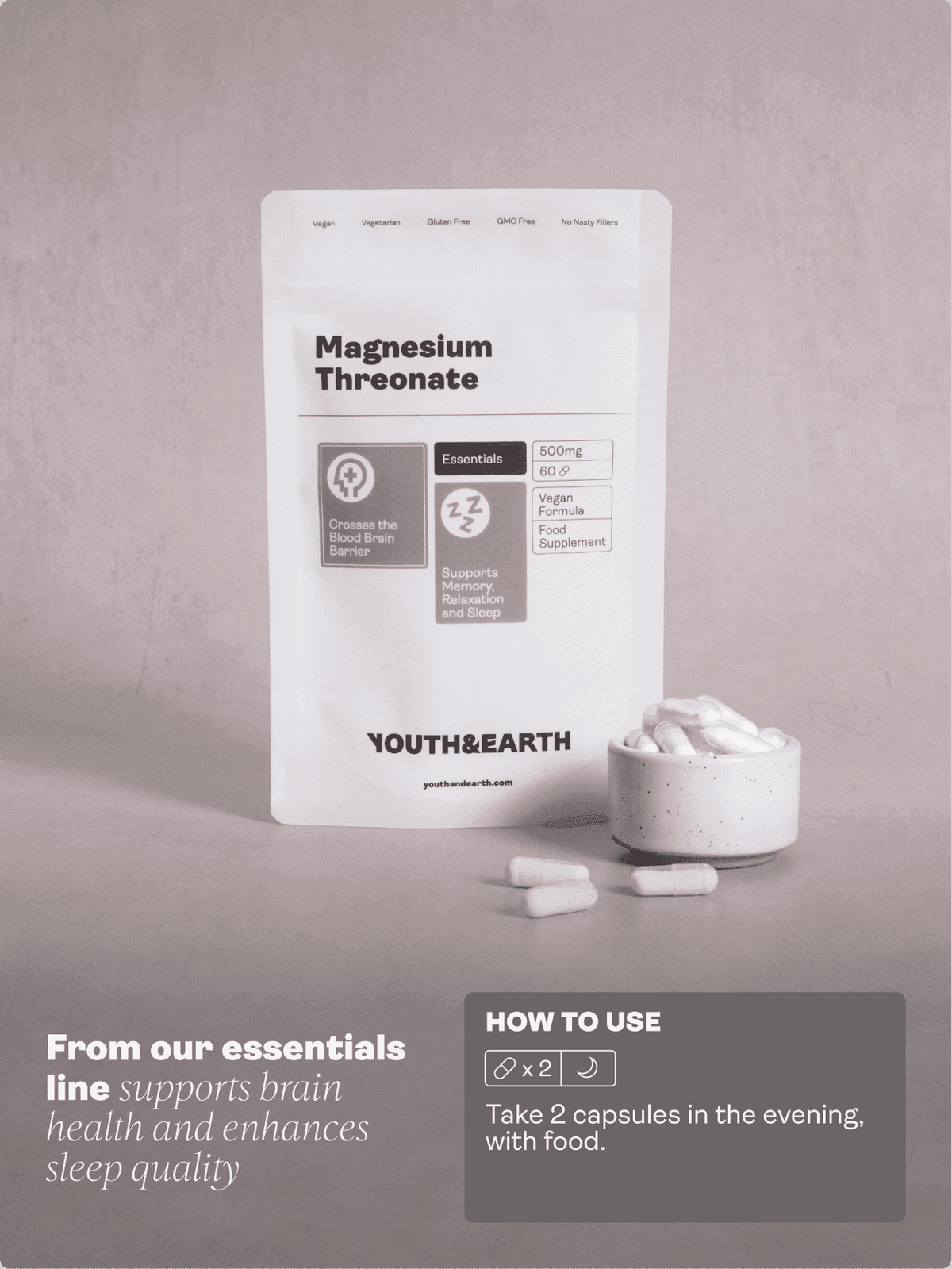 Magnesium Threonate 500mg x 60 Capsules Youth &amp; Earth EU Store 