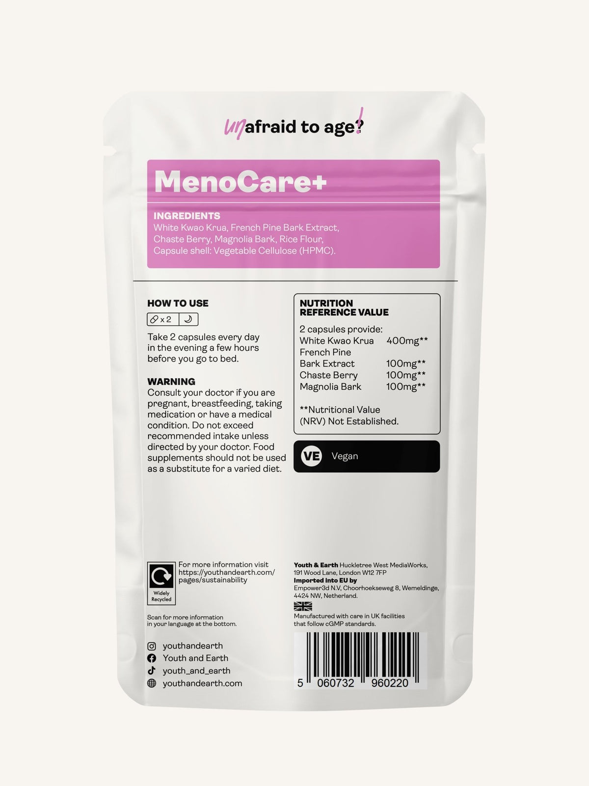 MenoCare+ (White Kwao Krua, Pycnogenol Chaste Berry, Magnolia Bark) – 350mg x 60 Capsules - Youth &amp; Earth EU Store