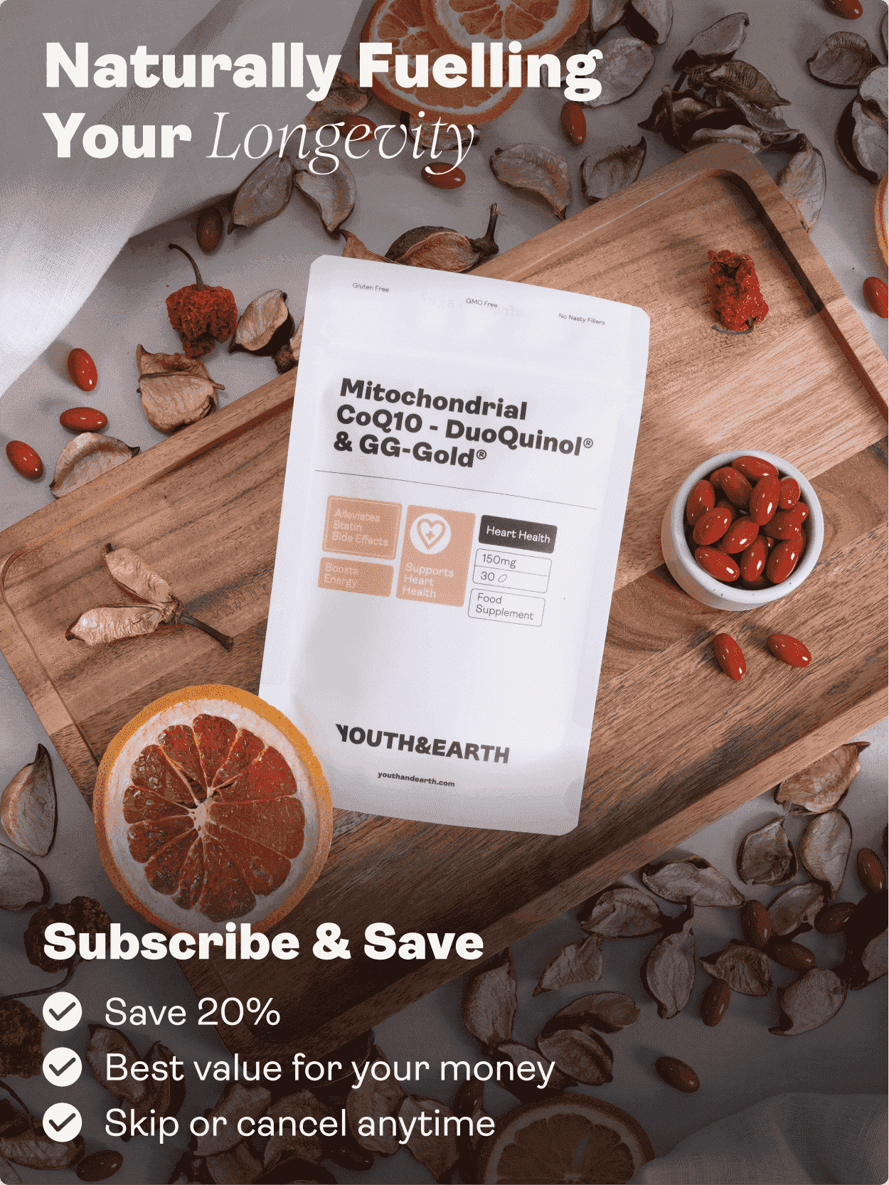 MITOCHONDRIAL CoQ10 (DuoQuinol® & GG-Gold®) Suplemento - Youth & Earth EU Store