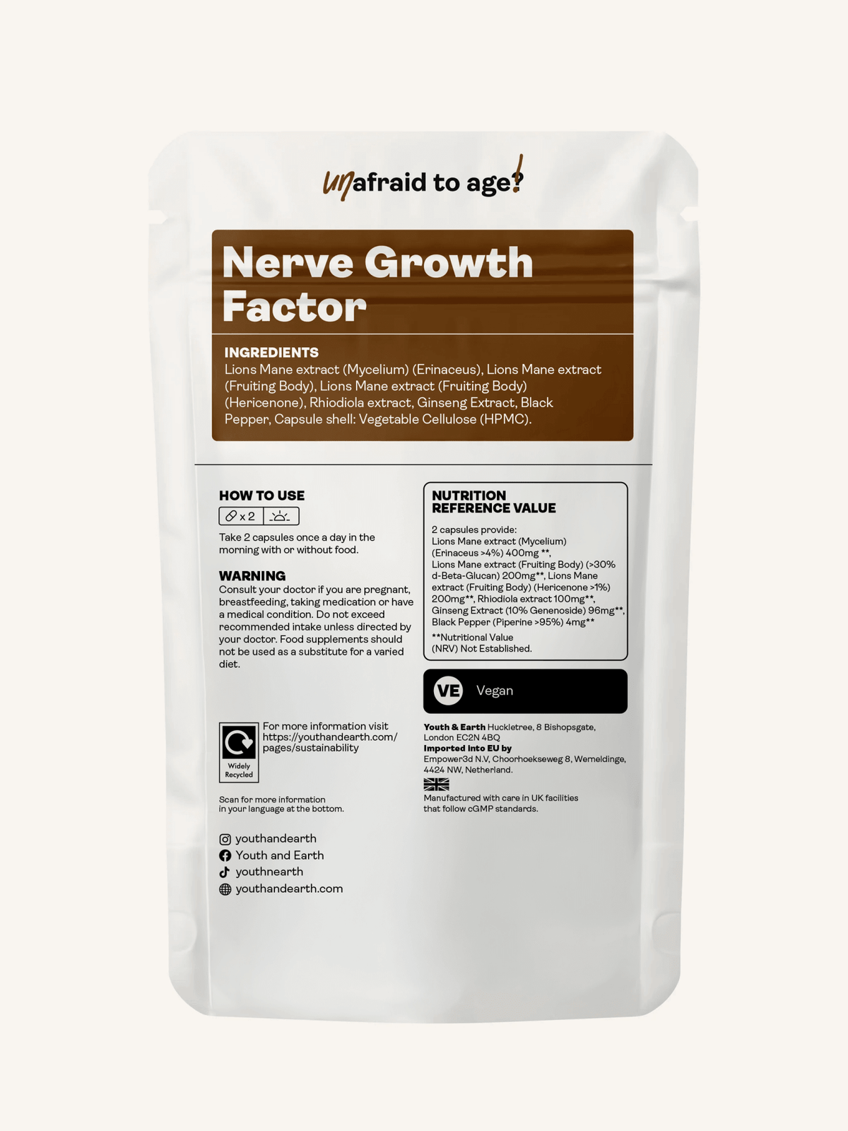 Fattore di crescita nervoso (estratto completo di fungo criniera di leone, rodiola, ginseng, bioperina) – 500 mg, 60 capsule - Youth & Earth EU Store
