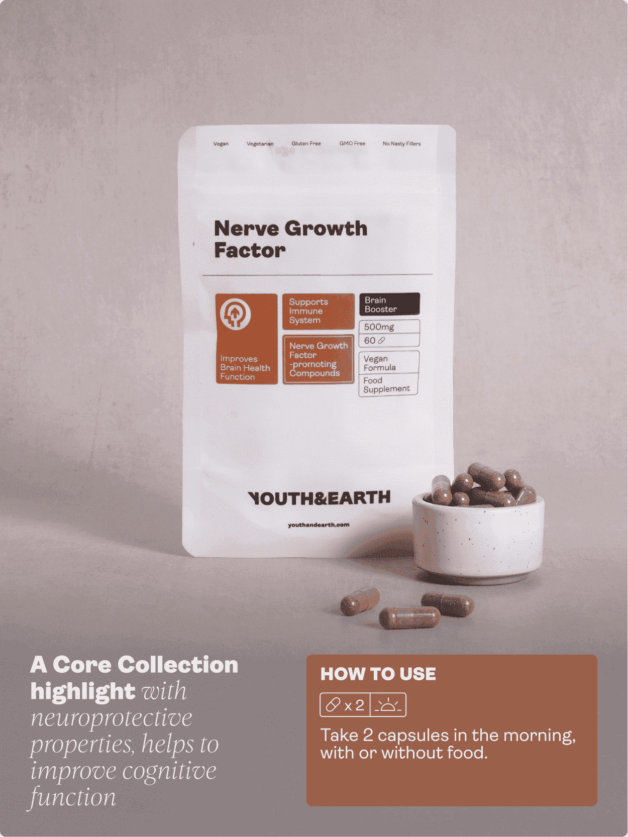 Nerve Growth Factor (Full Spectrum Lion's Mane Mushroom, Rhodiola, Ginseng, Bioperine) – 500mg, 60 Capsules - Youth & Earth EU Store