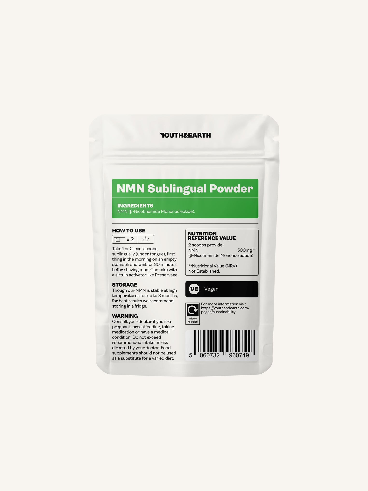 NMN (β-Nicotinamide Mononucleotide) polvere sublinguale 3g "CAMPIONE GRATUITO!" (6-12 dosi) - Youth & Earth EU Store