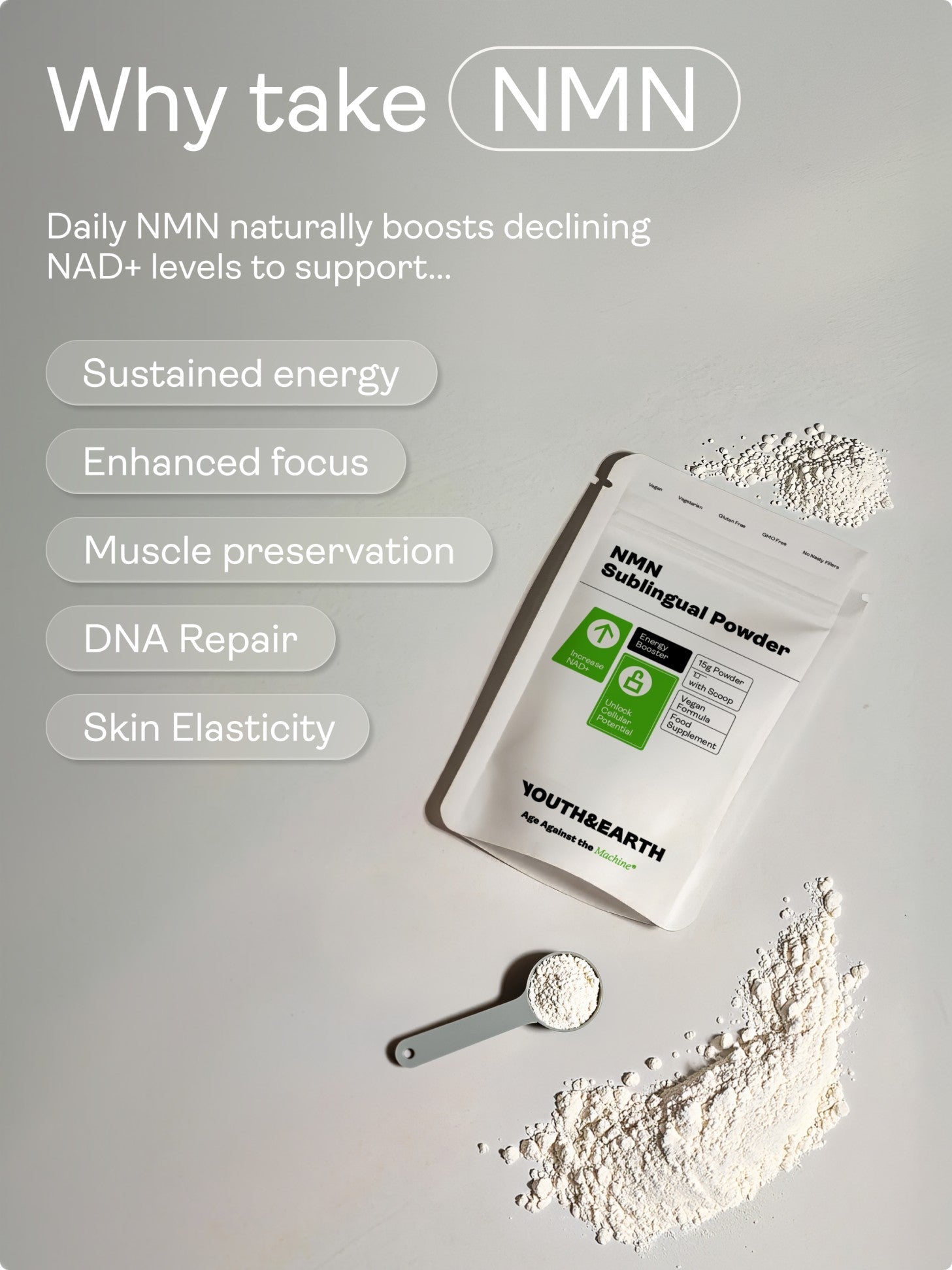 NMN Sublingual Powder - NAD+ Booster - Youth & Earth EU Store