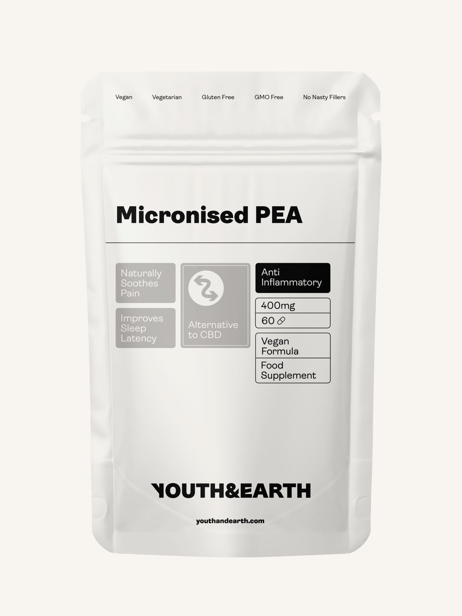 PEA (Palmitoiletanolamida) Micronizada - 400mg, 60 Cápsulas - Youth & Earth EU Store